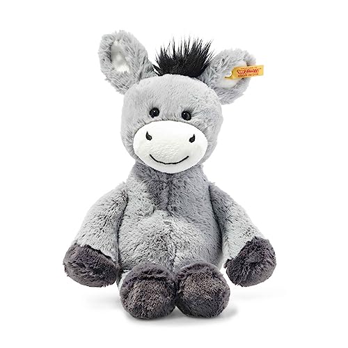 Steiff Dinkie Esel graublau 30 cm, Soft Cuddly Friends, Kuscheltier-Esel, Markenplüsch mit Knopf im Ohr, aus kuschelweichem graublauen Plüsch, Schmusetier ideal für Babys von Geburt an von Steiff