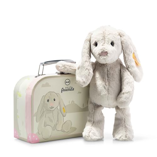 Steiff Kuscheltier Hase Hoppie im Koffer, Süßes Stofftier, Jungen, Mädchen & Babys ab 0 Monaten, Soft Cuddly Friends Hase, Plüschtier 26 cm, Hellgrau, 080968 von Steiff