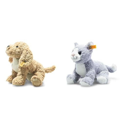 Steiff Soft Cuddly Friends Berno Goldendoodle 26 cm, Kuscheltier & Cassie Katze eisblau-Weiss 26 cm, Soft Cuddly Friends, Kuscheltier-Katze von Steiff