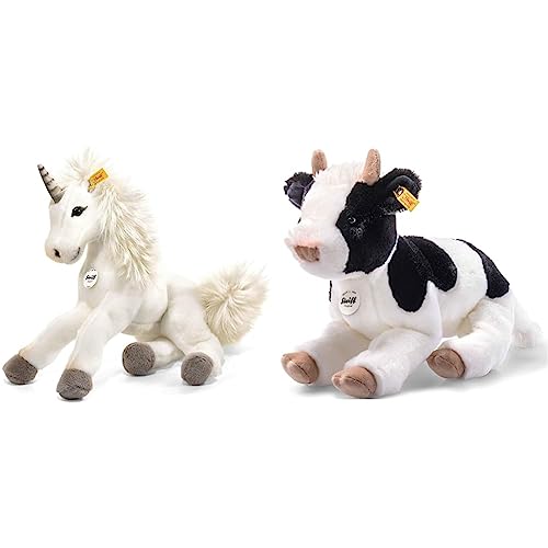 Steiff Starly Einhorn - 35 cm - Schlenkertier für Kinder - Plüscheinhorn - weich & waschbar - Unicorn weiß (015045) & 72161 Kuh, schwarz/weiß, 32 cm von Steiff