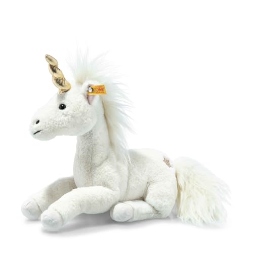 Steiff Unica Schlenker Einhorn weiß liegend 27 cm, Soft Cuddly Friends, Kuscheltier Einhorn, Plüschtier mit Granulatsäckchen in Hufen und Bauch für EIN tolles Fühlerlebnis, Plüsch Stofftier von Steiff