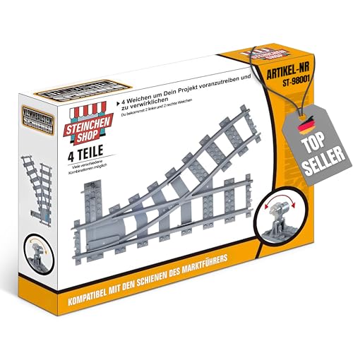 Steinchenshop Weichenset – 4 Weichen inkl. Hebel – kompatibel mit Lego, Q‑Bricks, Cobi, Mould King u.v.m. - für Citybauten & co. - aus hochwertigem ABS hergestellt von Steinchenshop