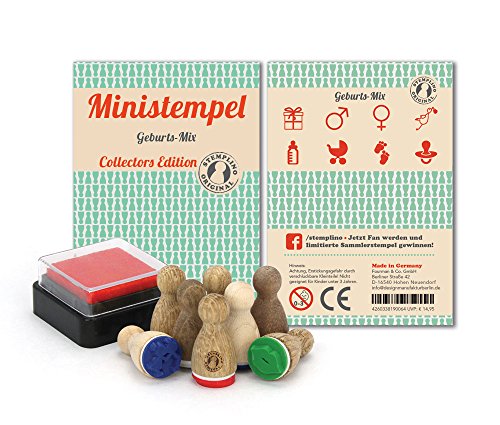 Stemplino Stempelset Geburts-Mix - 8 Ministempel aus Holz Plus Stempelkissen, Mini Stempel Set Mix von Stemplino
