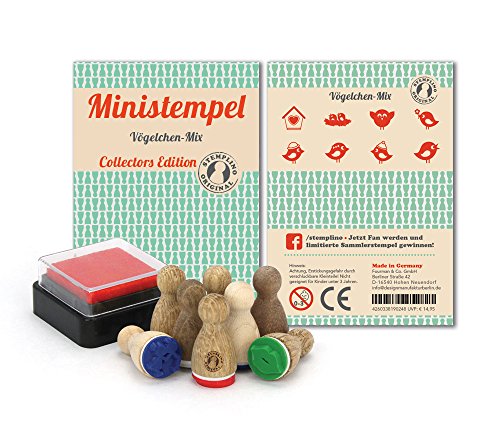 Stemplino Stempelset Vögelchen - 8 Ministempel aus Holz Plus Stempelkissen, Mini Stempel Set Mix von Stemplino