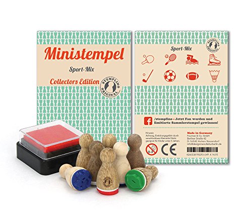 Stemplino Stempelset Sport - 8 Ministempel aus Holz Plus Stempelkissen, Mini Stempel Set Mix von Stemplino