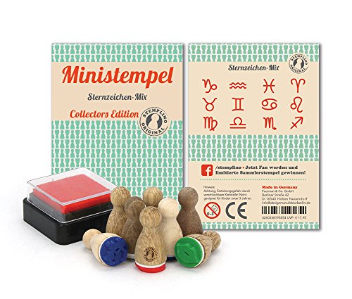 Stemplino Stempelset Sternzeichen - 12 Ministempel aus Holz plus Stempelkissen, Mini Stempel Set Mix von Stemplino