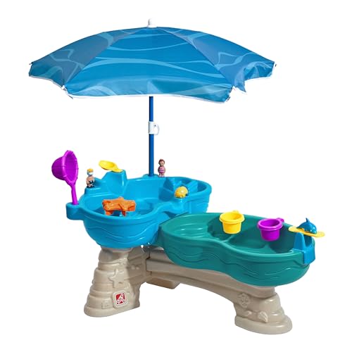 Step2 Spill & Splash Seaway Wasserspieltisch | Großer Wassertisch mit 11-teiligem Zubehör Set & Sonnenschirm | Garten Wasser Spieltisch für Kinder in Blau von Step2