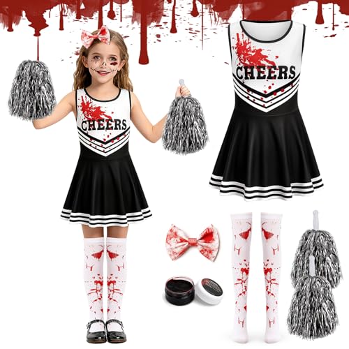 Sternstunde Cheerleader Kostüm Kinder – Zombie Cheerleader Kostüms Set mit Fake-Blut & Accessoires, Halloween Kostüme für Kinder, zombie kostüm kinder, Halloween Kostüm Mädchen Gruselig (140) von Sternstunde