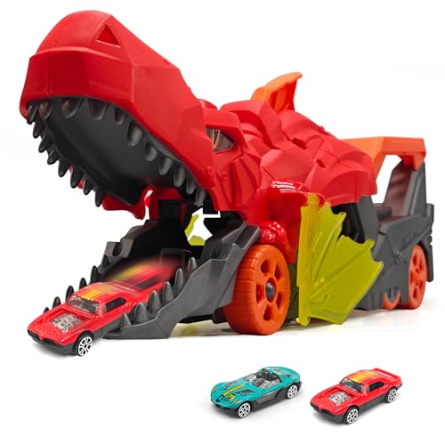 Sternstunde Dinosaurier Katapult Auto - LKW Spielzeug Autotransporter Spielzeug mit 2 Mini-Autos aus Metall für Kinder 3-6 Jahre, zur Aufbewahrung von bis zu 5 Fahrzeugen (Orange) von Sternstunde