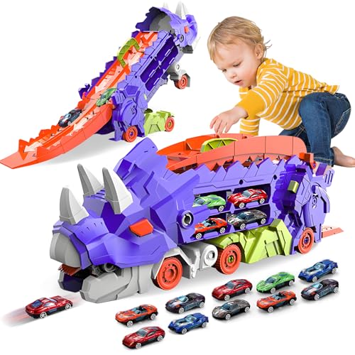 Sternstunde Kleinkind Auto Spielzeug für 3 4 5 6 Jahre alte Jungen, Spielzeug Autos Dinosaurier Transporter LKW mit 10 Druckguss Auto Spielzeug, verwandelt Sich in Dino (Violett) von Sternstunde
