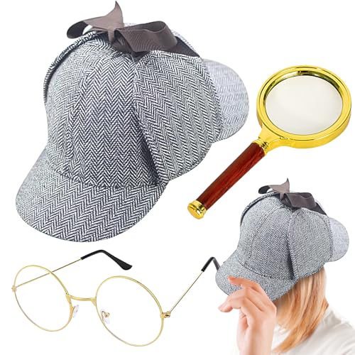 Stibtmr Detektiv Kostümzubehör Set - Detektiv Cosplay Zubehör,Cosplay Kostüm Accessoires, Hut Brille Lupe für Damen Herren Mädchen Halloween Party Bühnenauftritt von Stibtmr