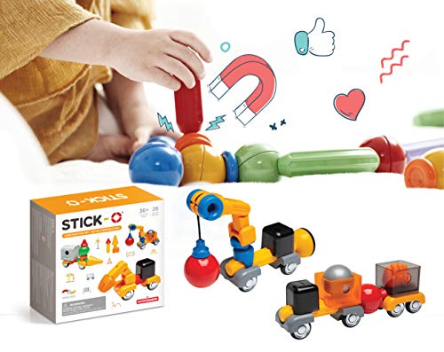 Stick-O magnetische Bausteine für Kinder ab 3 Jahre, kreatives Konstruktionsspielzeug, Lernspielzeug mit Magnet, Baustellen Set für Mädchen und Jungen, Montessori Spielzeug, 26 Teile Set, von Stick-O