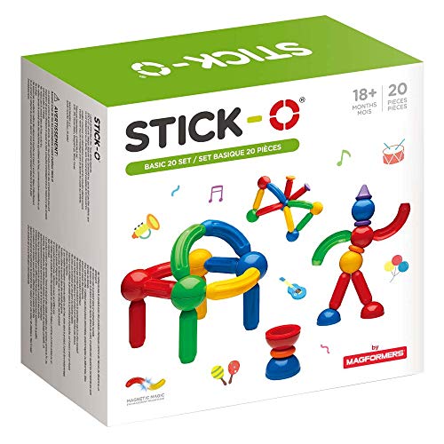 Stick-O magnetische Bausteine für Kinder ab 1 Jahre, kreatives Konstruktionsspielzeug, Lernspielzeug mit Magnet, 36 Modelle für Mädchen und Jungen, Montessori Spielzeug, 20 Teile Set, von Stick-O