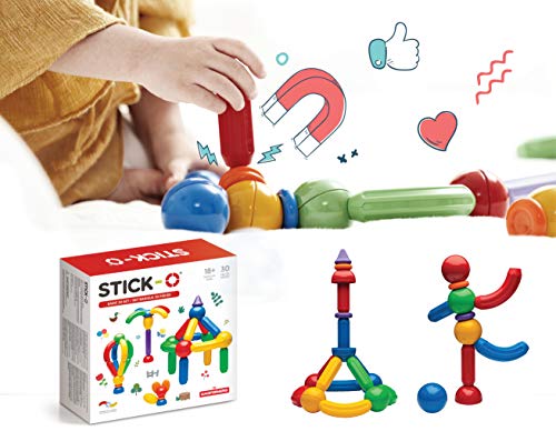 Stick-O magnetische Bausteine für Kinder ab 1 Jahre, kreatives Konstruktionsspielzeug, Lernspielzeug mit Magnet, 36 Modelle für Mädchen und Jungen, Montessori Spielzeug, 30 Teile Set, von Stick-O