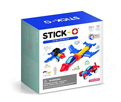 Stick-O magnetische Bausteine für Kinder ab 3 Jahre, kreatives Konstruktionsspielzeug, Lernspielzeug mit Magnet, Stadt Set für Mädchen und Jungen, Montessori Spielzeug, 16 Teile Set, von Stick-O