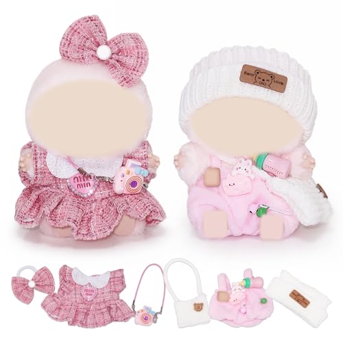 6pcs Doll Clothes for 17cm Dolls, Pink Plush Doll Outfit Accessories with Bow Hair Clip Skirt Hat Bib Pants Knitted Bag Camera Bag for Girls Kids (No Doll) von Stiedey