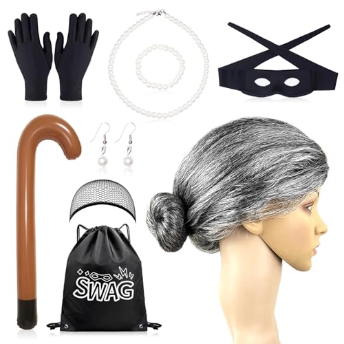 Gangster-Oma-Kostüm-Set, Räuber-Kostüm, inklusive grauer Perücke für alte Dame, aufblasbarer Rohr, Augenmaske, Halskette, Perlenschmuck, Beutel, Einbrecher, Oma, Verkleidung für Erwachsene, Kinder von Stiedey