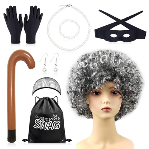 Gangster-Oma-Kostüm-Set, Räuber-Kostüm, inklusive grauer Perücke für alte Dame, aufblasbarer Rohr, Augenmaske, Halskette, Perlenschmuck, Beutel, Einbrecher, Oma, Verkleidung für Erwachsene, Kinder von Stiedey