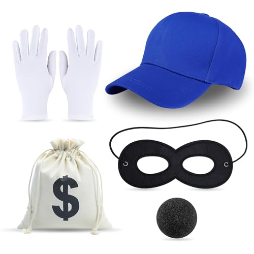 Stiedey 5-teiliges Räuber-Kostüm-Set, Einbrecher-Kostüm-Set, inklusive blauem Hut, schwarzer Augenmaske, Handschuh, Geldbeutel, Schaumstoffnase für Erwachsene, Kinder, Halloween, Cosplay, Welttag des Stiedey 5-teiliges Räuber-Kostüm-Set, Einbrecher-Kostüm-Set, inklusive blauem Hut, schwarzer Augenmaske, Handschuh, Geldbeutel, Schaumstoffnase für Erwachsene, Kinder, Halloween, Cosplay, Welttag des von Stiedey