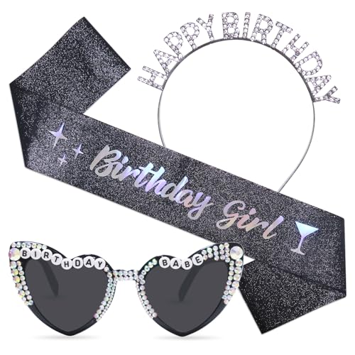 Stiedey Geburtstag Mädchen Zubehör Kit, Geburtstag Glitzer Schwarz Schärpe mit Herz Perle Sonnenbrille und Funkelnden Kristall Stirnband, Happy Birthday Party Zubehör für Mädchen Frauen Kostüm Stiedey Geburtstag Mädchen Zubehör Kit, Geburtstag Glitzer Schwarz Schärpe mit Herz Perle Sonnenbrille und Funkelnden Kristall Stirnband, Happy Birthday Party Zubehör für Mädchen Frauen Kostüm von Stiedey