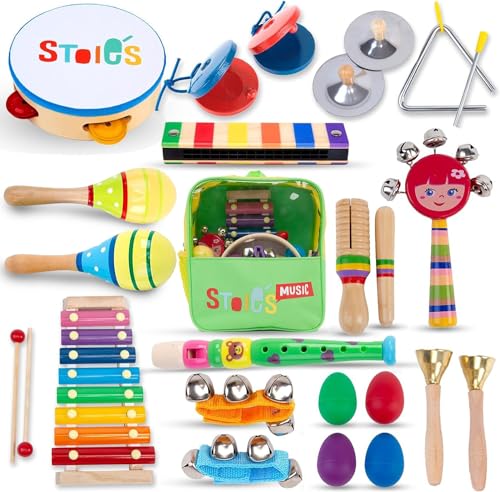 STOIE'S Musikinstrumente Kinder ab 3 Jahre 24-teiliges Montessori Instrumente Kinder Rasseleier Baby Klanghölzer Musikspielzeug Trommel Musik Instrumenten von Stoie's