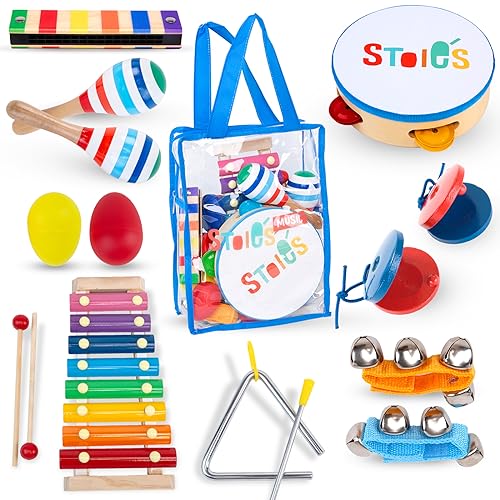 Stoie's Musikinstrumente Kinder ab 3 Jahre 15-teiliges Montessori Instrumente Kinder Rasseleier Baby Klanghölzer Musikspielzeug Trommel Musik Instrumenten von Stoie's