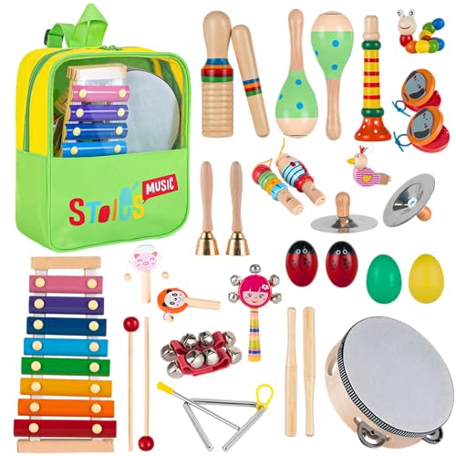 Stoie's Musikspielzeug Set für Kleinkinder ab 3 Jahren – 34-teiliges Holz Percussion Instrumente Set für Jungen & Mädchen – mit Xylophon, Maracas, Trommel & Becken von Stoie's