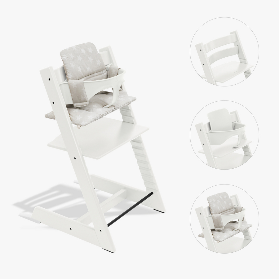 STOKKE® Tripp Trapp® Hochstuhl Buche weiß inkl. Kissen Stars Silver und Baby Set V2 weiß von Stokke