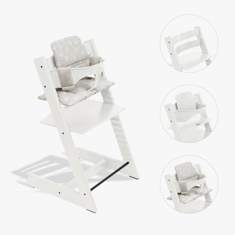 STOKKE® Tripp Trapp® Hochstuhl Buche weiß inkl. Kissen Stars Silver und Baby Set V2 weiß von Stokke