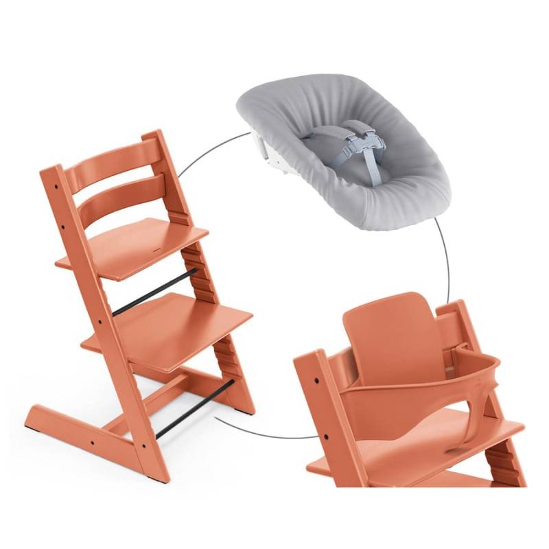 STOKKE® Mega Tripp Trapp® Set Hochstuhl Buche Terracotta inkl. Newborn Set™ Grey und Baby Set Terracotta von Stokke