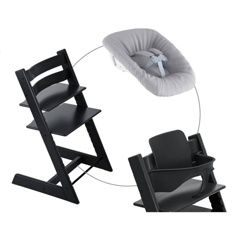 STOKKE® Mega Tripp Trapp® Set Hochstuhl Buche schwarz inkl. Newborn Set™ Grey und Baby Set V2 schwarz von Stokke