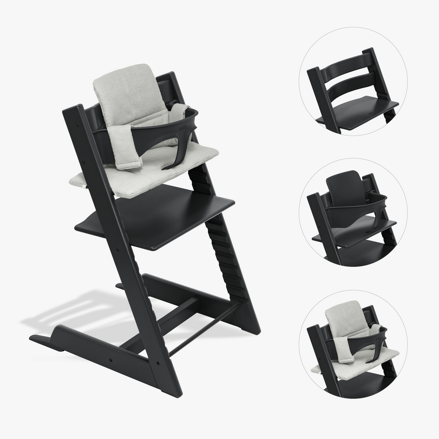 STOKKE® Tripp Trapp® Hochstuhl Buche schwarz inkl. Kissen Nordic Grey und Baby Set V2 schwarz von Stokke