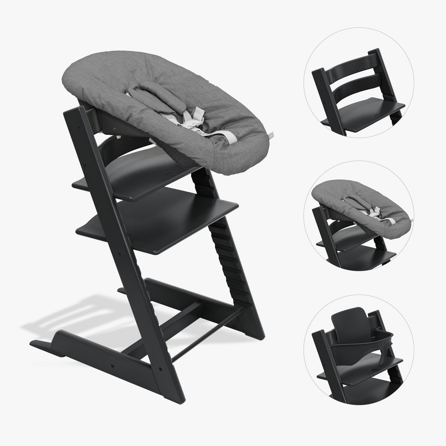 STOKKE® Tripp Trapp® Hochstuhl Buche schwarz inkl. Newborn Set™ Anthracite und Baby Set V2 schwarz von Stokke