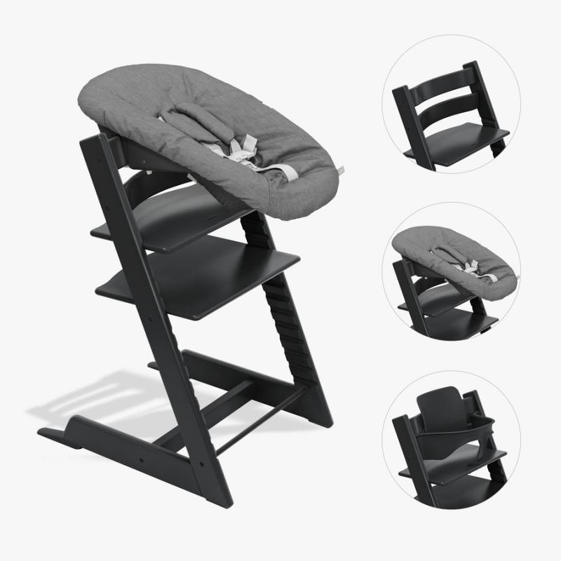 STOKKE® Tripp Trapp® Hochstuhl Buche schwarz inkl. Newborn Set™ Anthracite und Baby Set V2 schwarz von Stokke