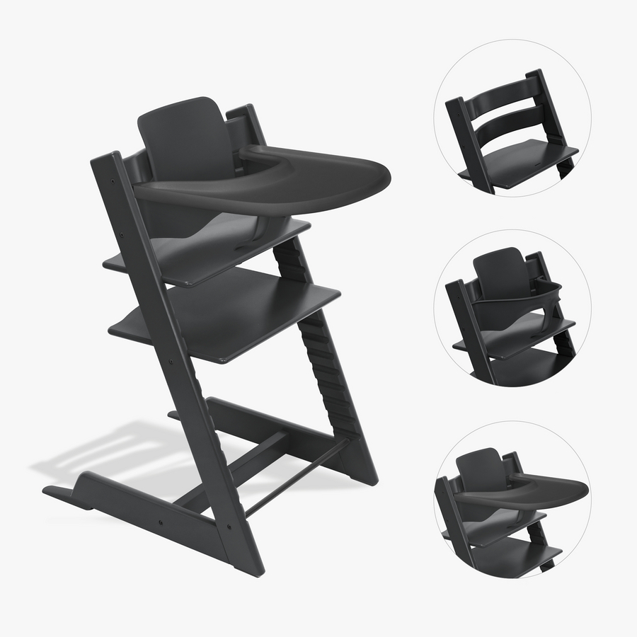 STOKKE® Tripp Trapp® Hochstuhl Buche schwarz inkl. Tray schwarz und Baby Set V2 schwarz von Stokke