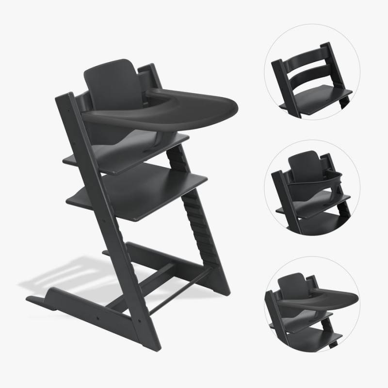 STOKKE® Tripp Trapp® Hochstuhl Buche schwarz inkl. Tray schwarz und Baby Set V2 schwarz von Stokke