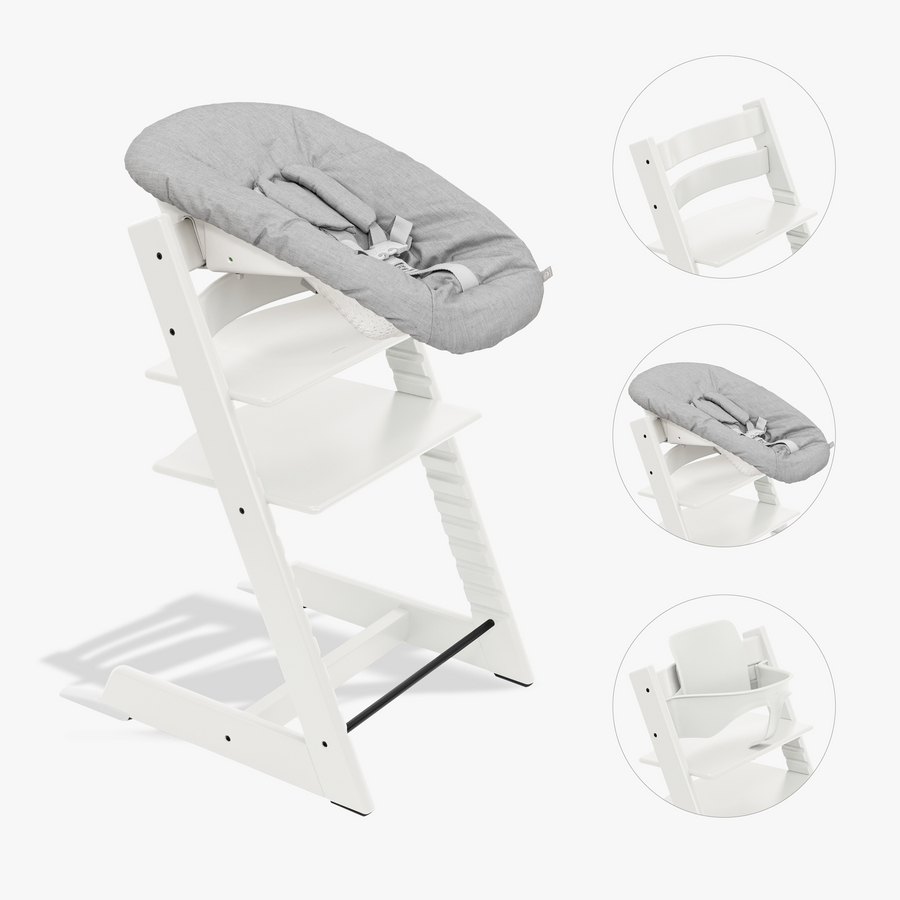 STOKKE® Tripp Trapp® Hochstuhl Buche weiß inkl. Newborn Set™ Grey und Baby Set V2 weiß von Stokke