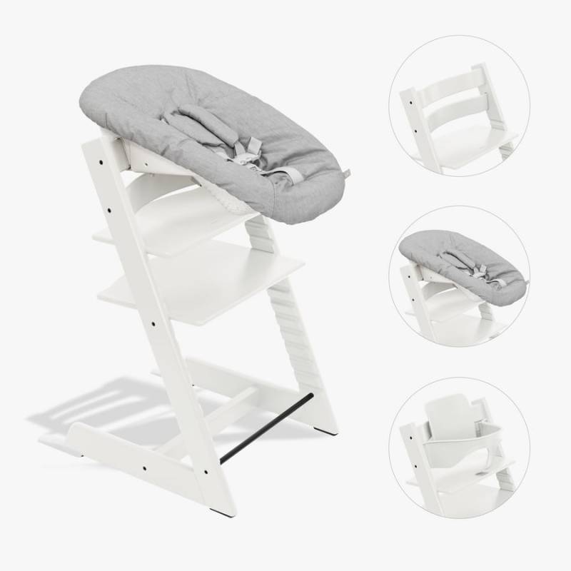 STOKKE® Tripp Trapp® Hochstuhl Buche weiß inkl. Newborn Set™ Grey und Baby Set V2 weiß von Stokke