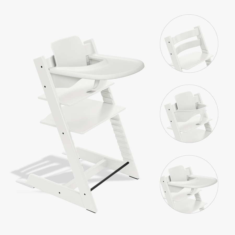 STOKKE® Tripp Trapp® Hochstuhl Buche weiß inkl. Tray weiß und Baby Set V2 weiß von Stokke