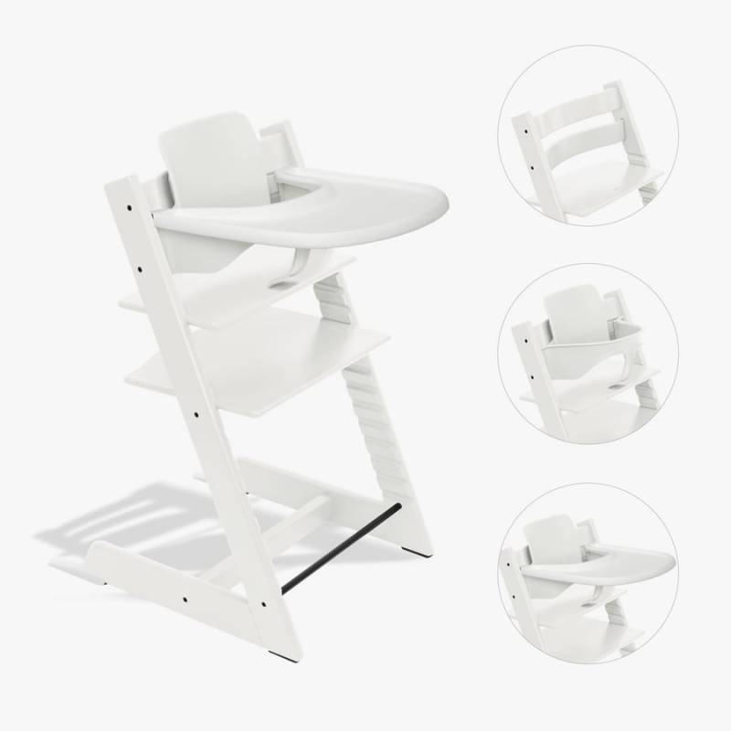STOKKE® Tripp Trapp® Hochstuhl Buche weiß inkl. Tray weiß und Baby Set V2 weiß von Stokke