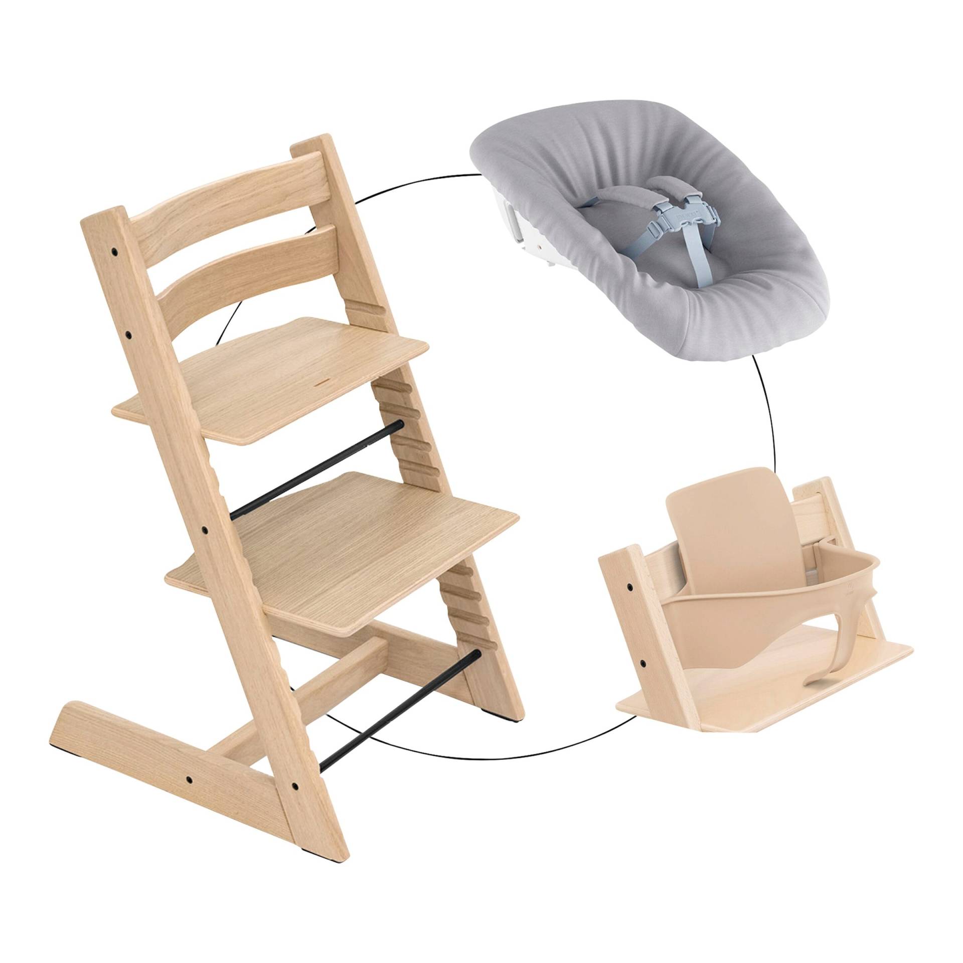 Stokke® Tripp Trapp® Bundle Treppenhochstuhl Eiche inkl. Newbornset Light Grey & Babyset von Stokke