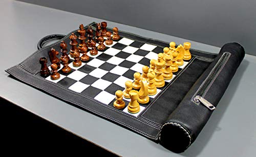 Stonkraft 19" x 15" Schachbrett Größe 12" x 12" echtes aufrollbares Leder-Schachspiel mit Schachfiguren aus Holz (Schwarz) - Leather Chess with Innovative Carry Pouch von StonKraft