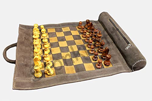 StonKraft 19 "x 15" (Schachbrett Größe 12 "x 12") Echtes Roll-up Leder Schachspiel - Mit Holz Schachfiguren - braun grau | Kommt mit einem innovativen Tragetasche von StonKraft