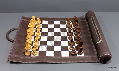 Stonkraft Schachbrett, 48,3 x 38,1 cm, Größe 30,5 x 30,5 cm, echtes aufrollbares Leder-Schachspiel mit Schachfiguren aus Holz (braun) – Leather Chess with Innovative Carry Pouch von StonKraft