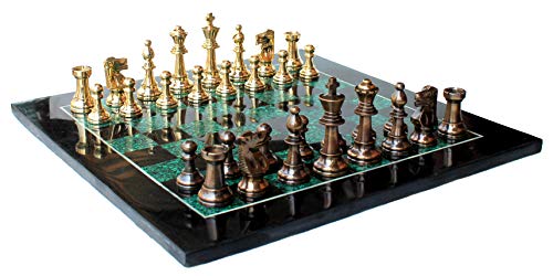 StonKraft Schachbrett-Set aus schwarzem Marmor und Malachit-Stein + Messing-Schachfiguren Spielfiguren – dekorativer Stein Schach – Heimdekoration – 38,1 cm von StonKraft