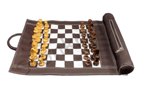 Stonkraft Schachbrett, 48,3 x 38,1 cm, Größe 30,5 x 30,5 cm, echtes aufrollbares Leder-Schachspiel mit Schachfiguren aus Holz (braun) – Leather Chess with Innovative Carry Pouch von StonKraft