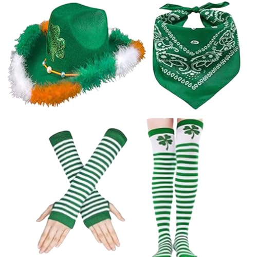 Storage Bag 4PCS Irish Holiday Green Clovers Schal Arm Ärmel Kostüm Set Für STPATRicks Day Festival Anlass Party Enthusiasten Urlaubsfeier Kostüm von Storage Bag