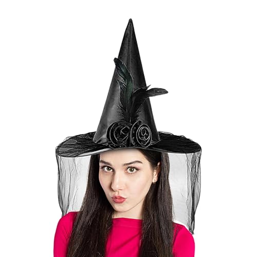 Streysisl Halloween Hexenhut - Cosplay Hüte Halloween Hut - Spitzhut mit Halbschleier, Hüte Foto Requisiten, Feder Zauberer Hut für Frauen Teenager Mädchen von Streysisl