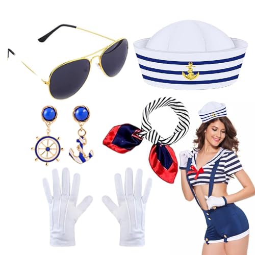Streysisl Matrosenmütze Schal Set Mode Nautisch Kostüm Atmungsaktiv Matrosen Outfit Damen Matrosen Kostüm für Fasching von Streysisl