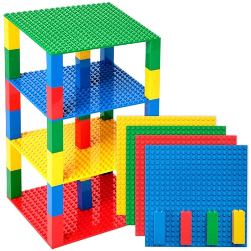 Strictly Briks Klassische stapelbare Grundplatten, Bauklötze für Türme, Regale und mehr, 100% kompatibel mit Allen großen Marken, Rot, Grün, Blau & Gelb, 4 Grundplatten & 30 Stapelteile, 15 x 15 cm von Strictly Briks